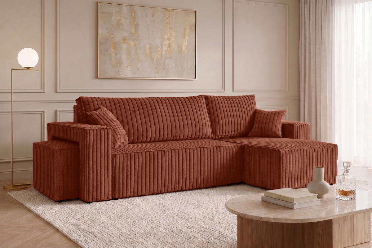ECKSOFA Mit Schlaffunktion Und Pouf, Cordstoff Tilia, Kupfer, Rechts, Best L Mit Pouf - Orange, Holz (244/145cm) - Kaiser Möbel
