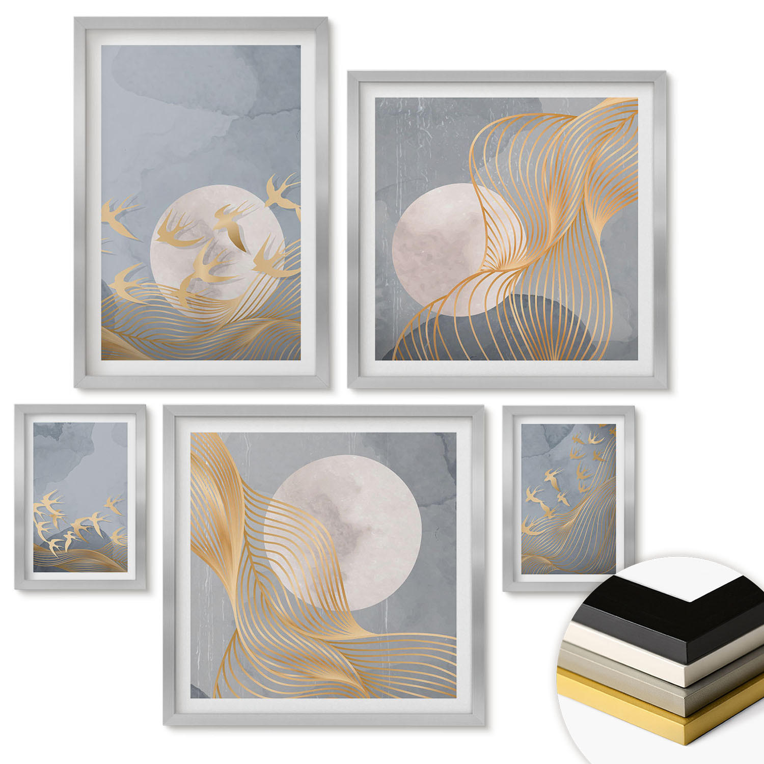 WANDBILDER 5er Set - 50x50 cm & 20x30 cm & 40x60 cm Silberner Rahmen - Weiße Pferde - Silberfarben, Kunststoff (40/60cm) - ArtPrintCave