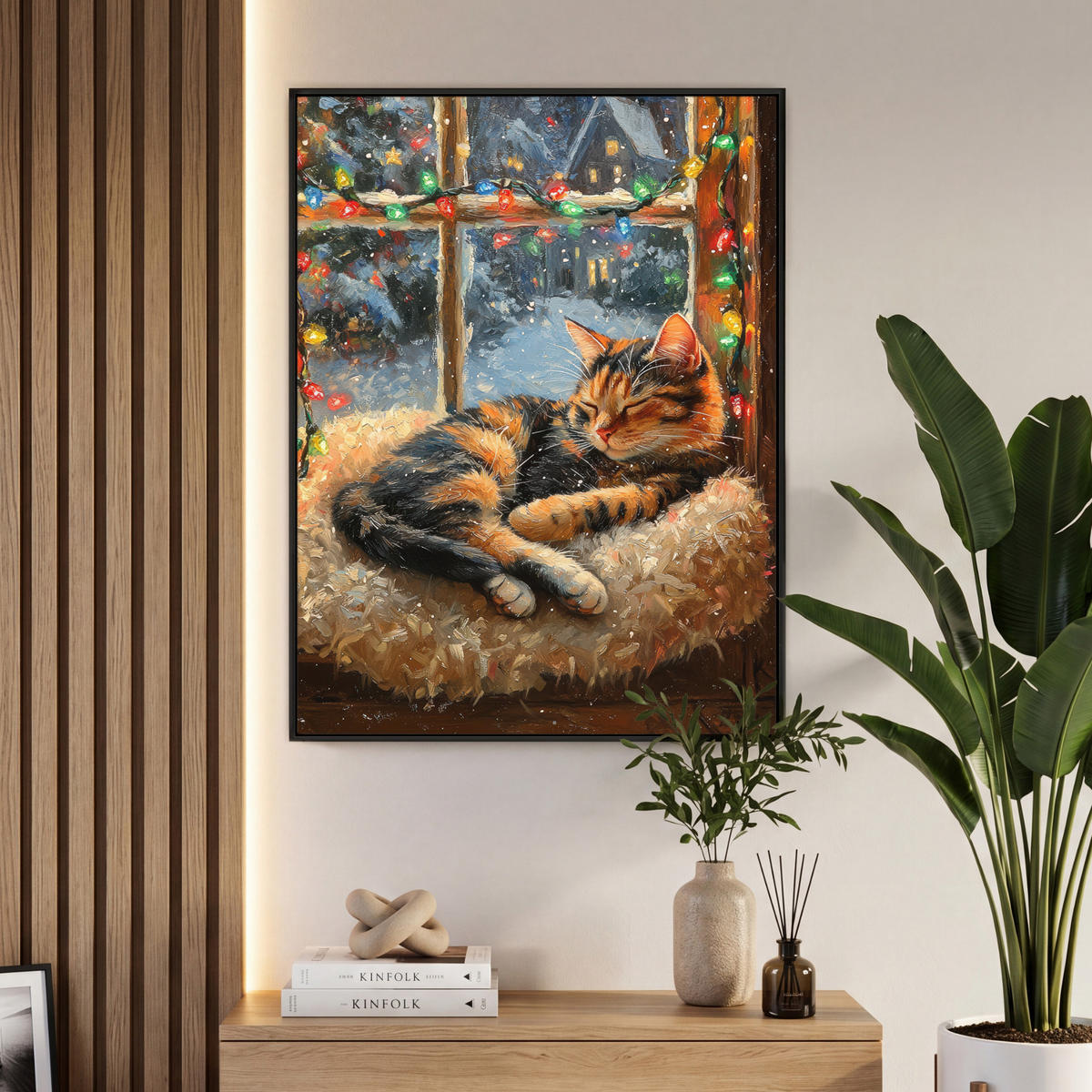 LEINWAND Bilder mit Rahmen - Katze - Weihnachten - Winter - Tier - 70x100 - Bernsteinfarben, Textil (70/100cm) - MuchoWow
