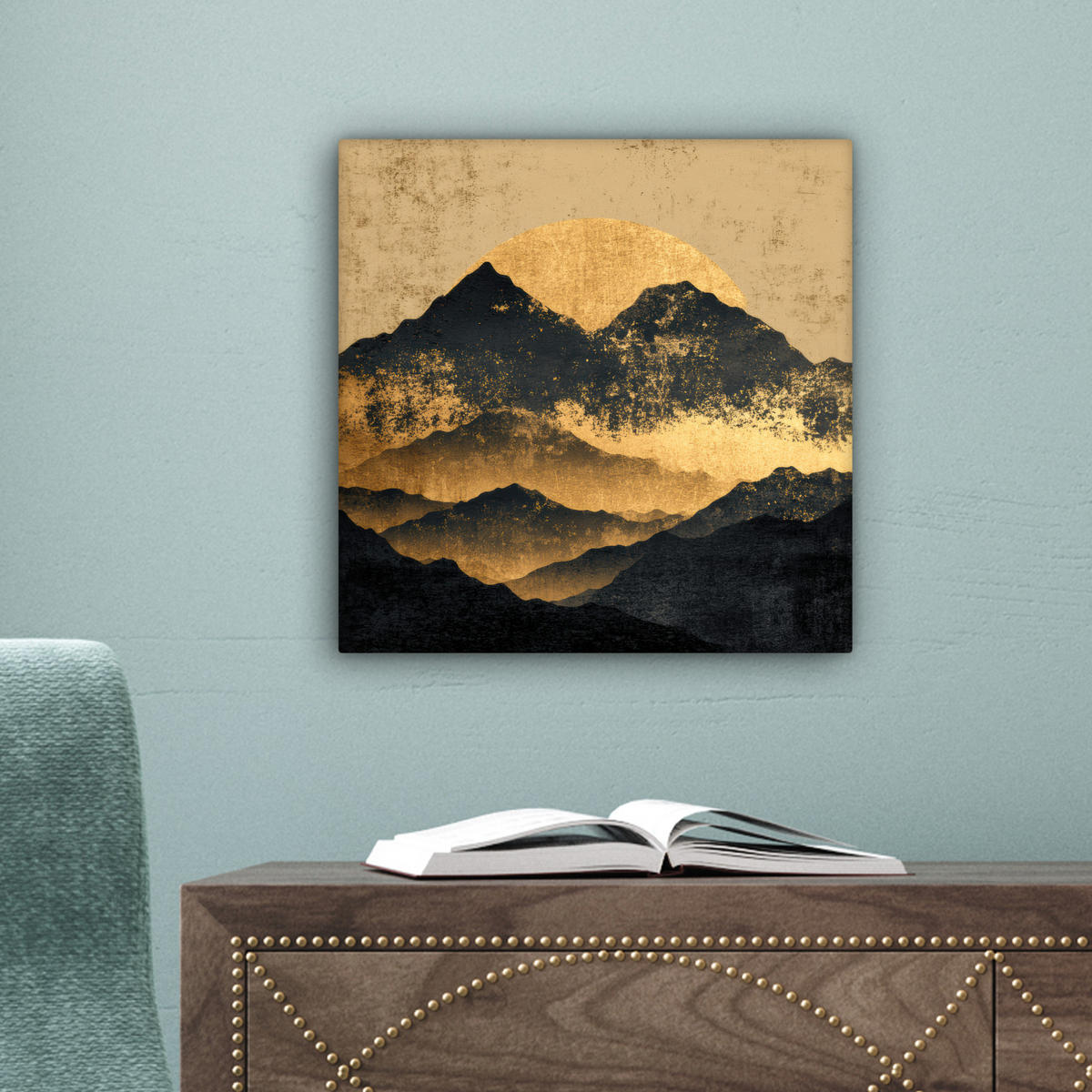 LEINWANDBILD Goldene Berge bei Mondschein Deko Wohnzimmer 20x20 cm - Goldfarben, Textil (20/20cm) - MuchoWow