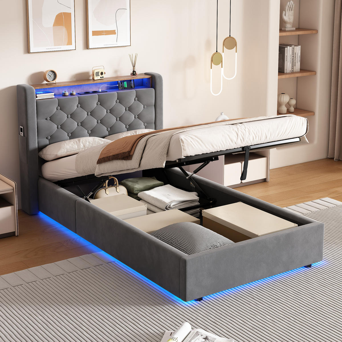 POLSTERBETT 90/200 mit Bettkasten und Stauraumbett mit Schubladen und LED Funktionbett ohne Matratze - Grau, Holzwerkstoff/Textil (90/200cm) - STILVORA