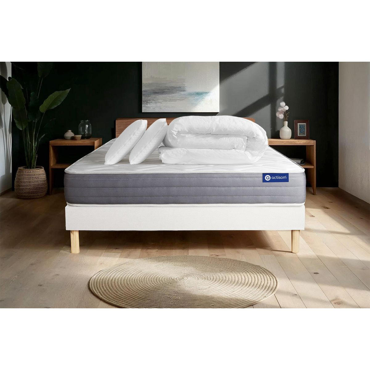 BETT Actiflex dream Taschenfederkern und Memory-Schaum 160 x 200 cm h1 - Kit Bettgestell Weiß - Mit Kissen und Bettdecke - Beige/Weiß, Karton/Holz (160/200cm) - ACTISOM