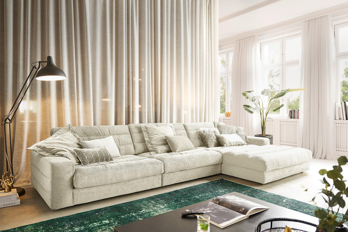 ECKSOFA XL LANA Cremeweiß Cord - Creme/Schwarz, Textil (416/205cm) - KAWOLA