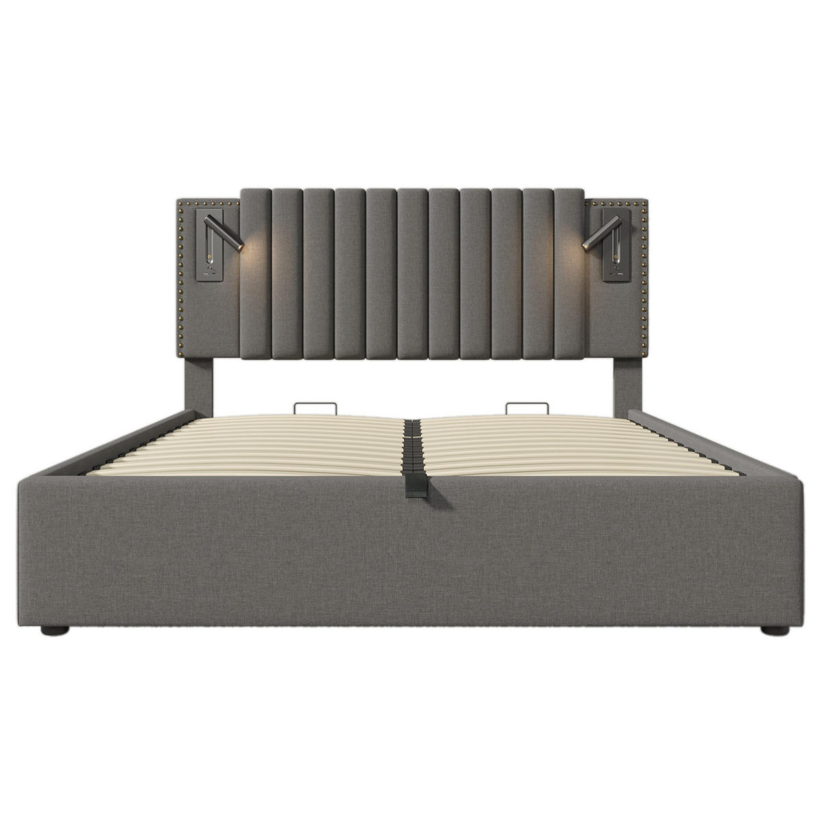 POLSTERBETT 140/200 cm aus Baumwolle mit Bettkasten, Matratze, Leselicht, USB- und USB-C-Anschlüssen, höhenverstellbarem Kopfteil, Grau - Grau, Textil (140/200cm) - Redom