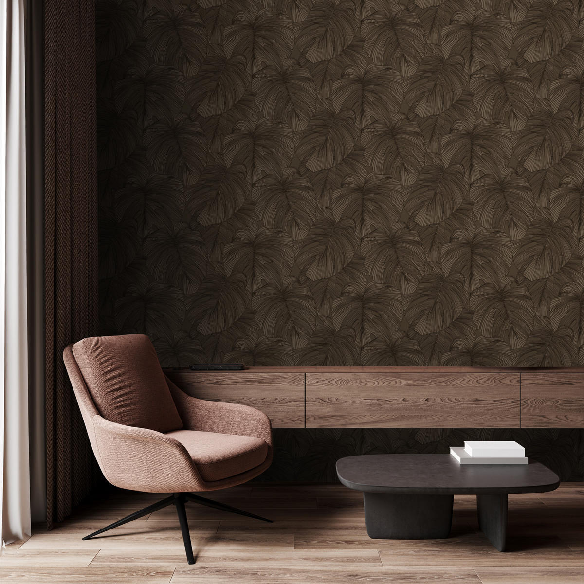 TAPETE 3D Muster Blätter 50 x 900 cm - Braun, Papier (50/900cm) - Origin Wallcoverings