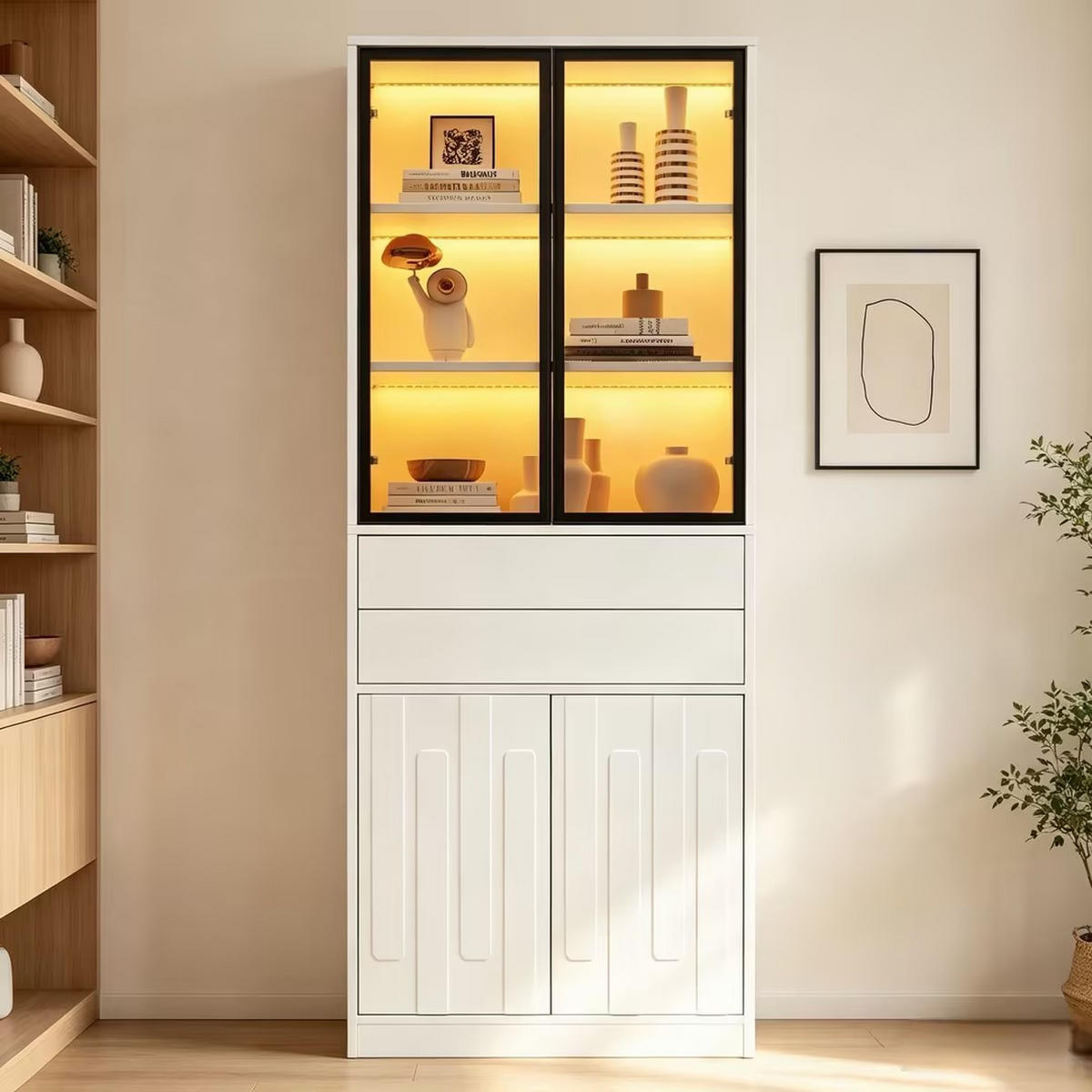 VITRINE 70x34x180 cm Weiß mit LED und 2 Schubladen - Weiß, Holzwerkstoff (70/180/34cm) - FLIEKS