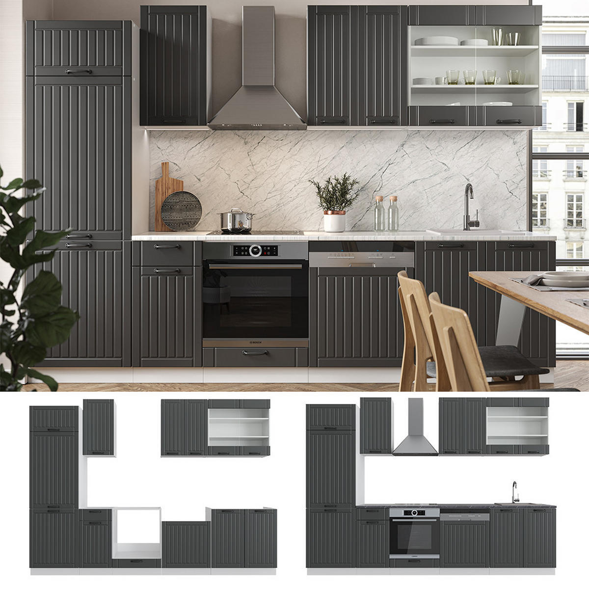 KÜCHENZEILE Fame-Line Anthrazit Landhaus/Weiß 300 cm, AP Anthrazit - Dunkelgrau/Weiß, Holzwerkstoff (300/81.6/60cm) - Vicco