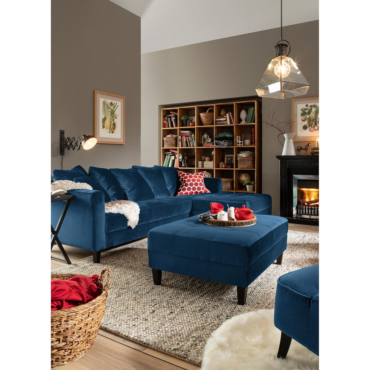 ECKSOFA mit Ottomane - Samt - Petrol, Textil (254/165cm) - home24