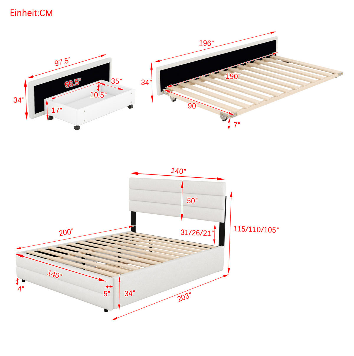 TAPECIRANI krevet 140/200 cm bež od lana s pomoćnim ležajem i 2 ladice - bež, tekstil (140/200cm) - OKWISH