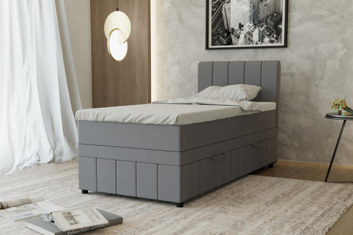 BOXBETT AVALON 90 x 200 cm mit Bettkasten und Topper - Dunkelgrau - Dunkelgrau, Holz - Panda Möbel