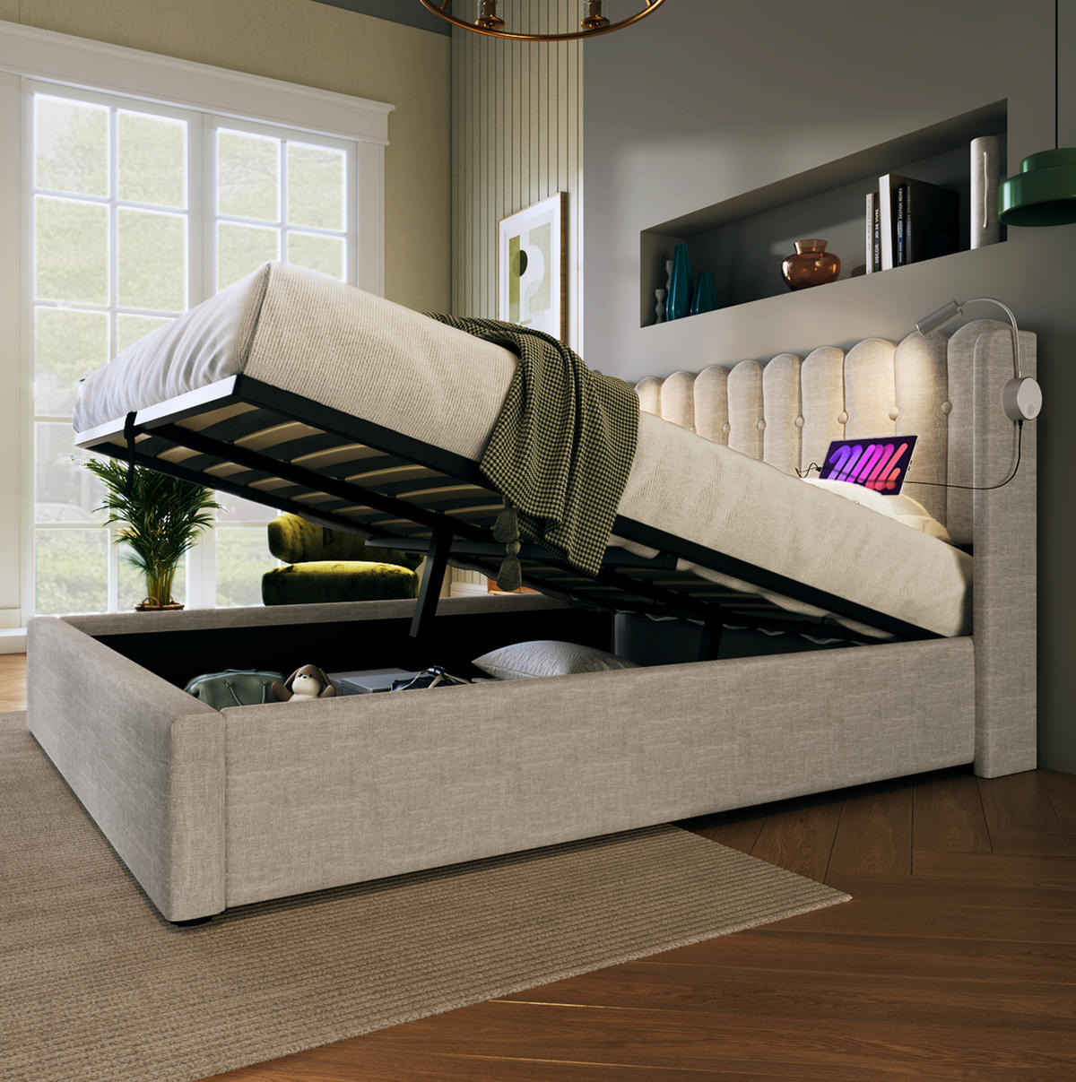POLSTERBETT mit Bettkasten 140x200 cm Leinen Beige USB & Leselicht - Beige, Metall (140/200cm) - Meubliv