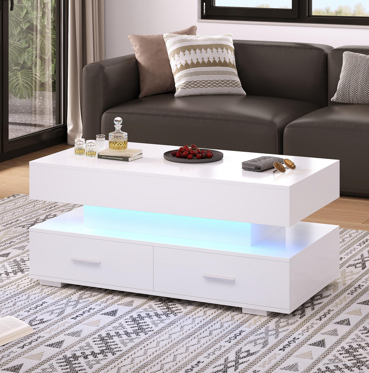 KONFERENČNÍ stolek 100/50/44 cm bílý z dřevotřísky s LED osvětlením a výškově nastavitelnou deskou - bílá, kompozitní dřevo (100/50/44cm) - OKWISH