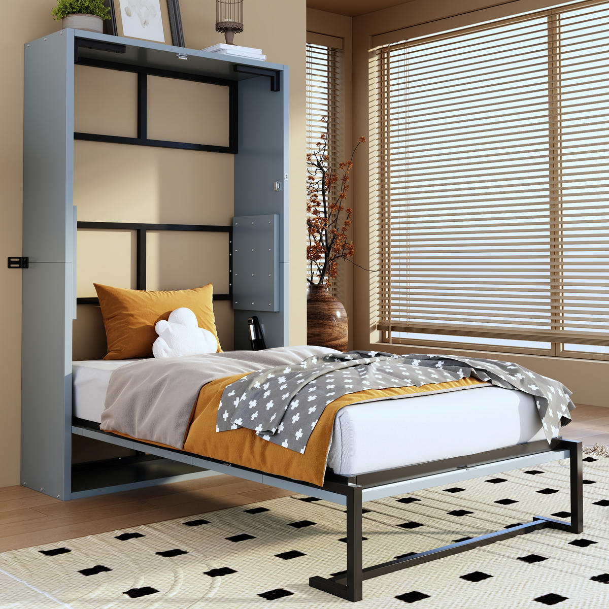 KLAPPBETT 90/200 cm in Grau aus Metall und Holz mit Wandverriegelung - Grau, Holzwerkstoff/Metall (90/200cm) - WISHDOR