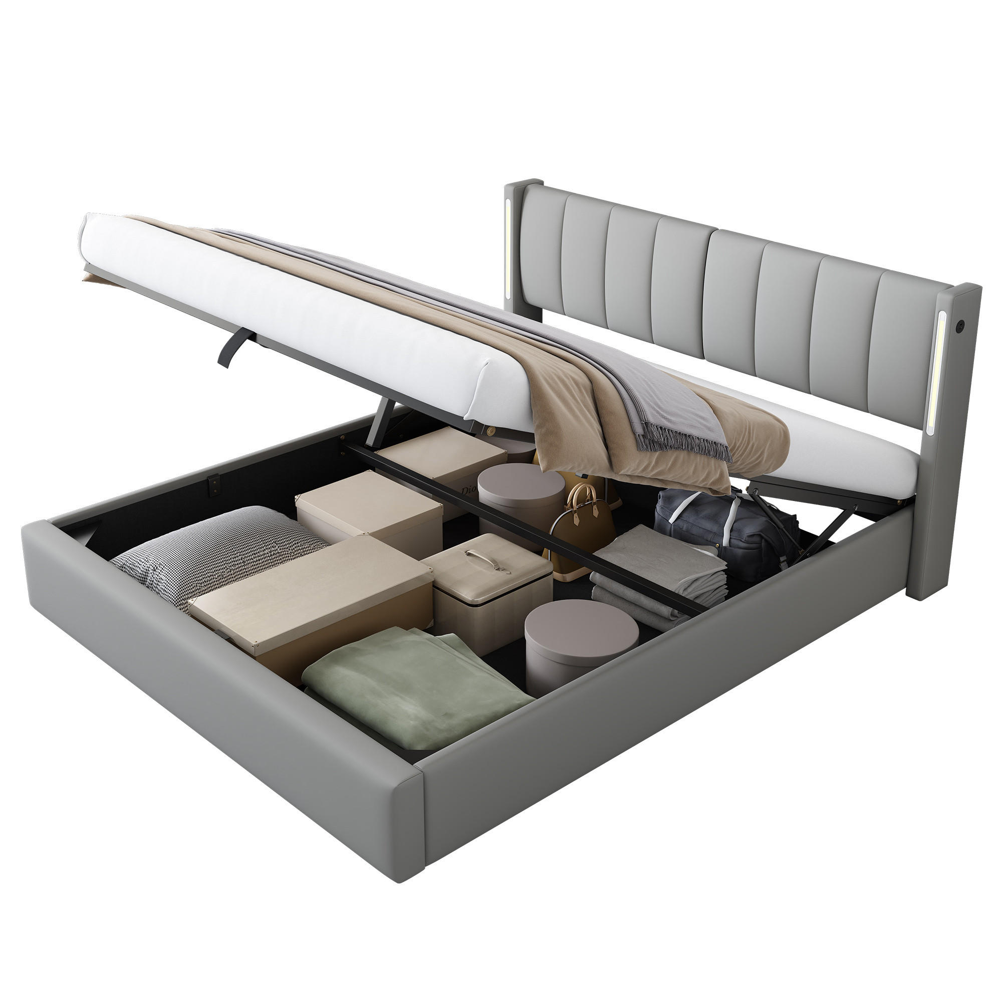 POLSTERBETT 180/200 cm aus PU mit LED-Beleuchtung, USB-Anschluss, verstellbarem Kopfteil und Bettkasten, Grau - Grau, Kunststoff (180/200cm) - Redom
