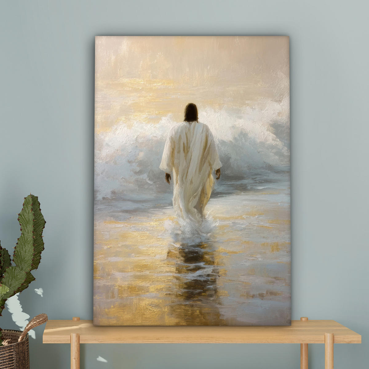 LEINWANDBILD Gemälde - Welle - Jesus - Abstrakt Wanddeko Schlafzimmer 60x90 cm - Goldfarben, Textil (60/90cm) - MuchoWow