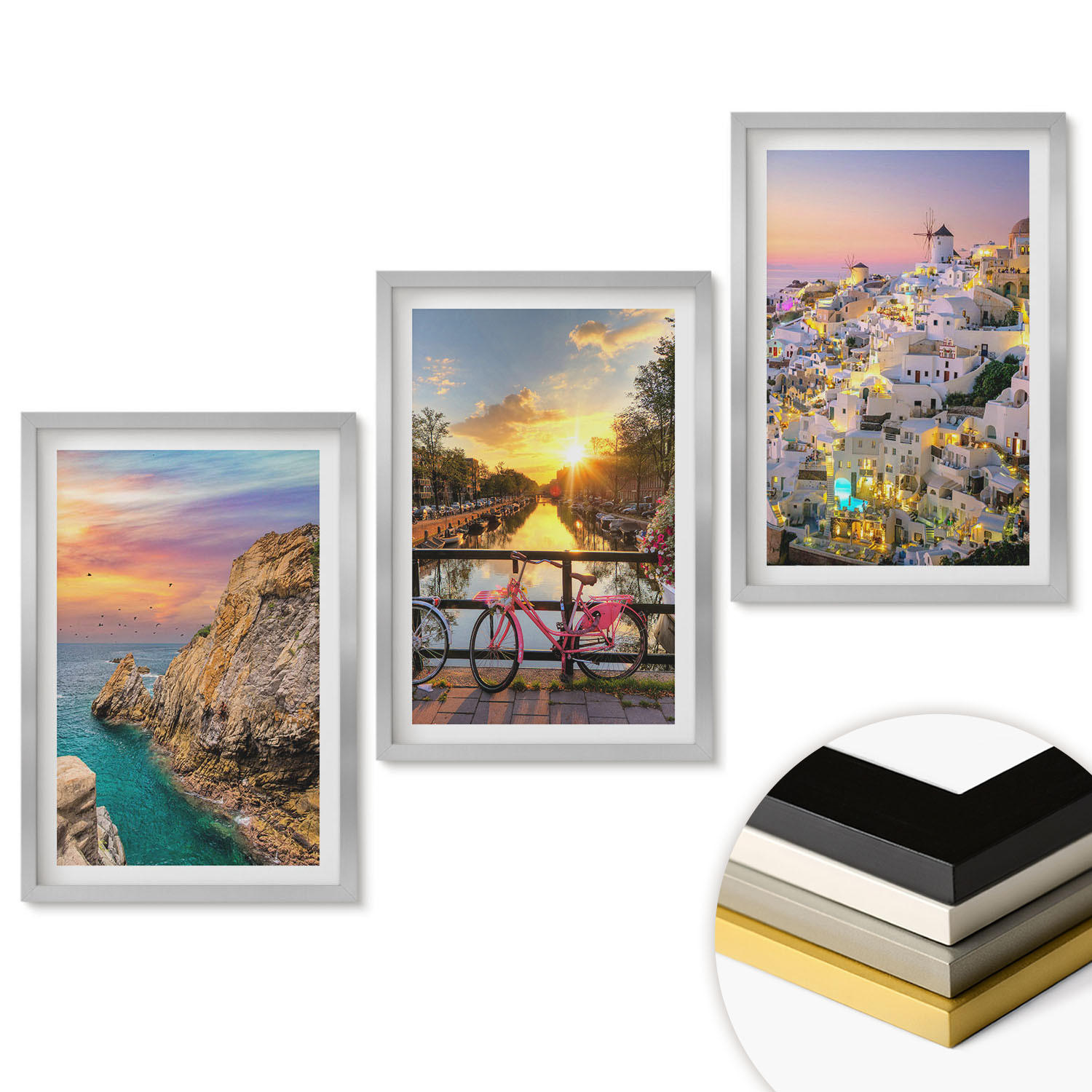 WANDBILDER 3er Set - 40x60 cm Silberner Rahmen - Sonnenuntergang am Meer - Silberfarben, Kunststoff (40/60cm) - ArtPrintCave