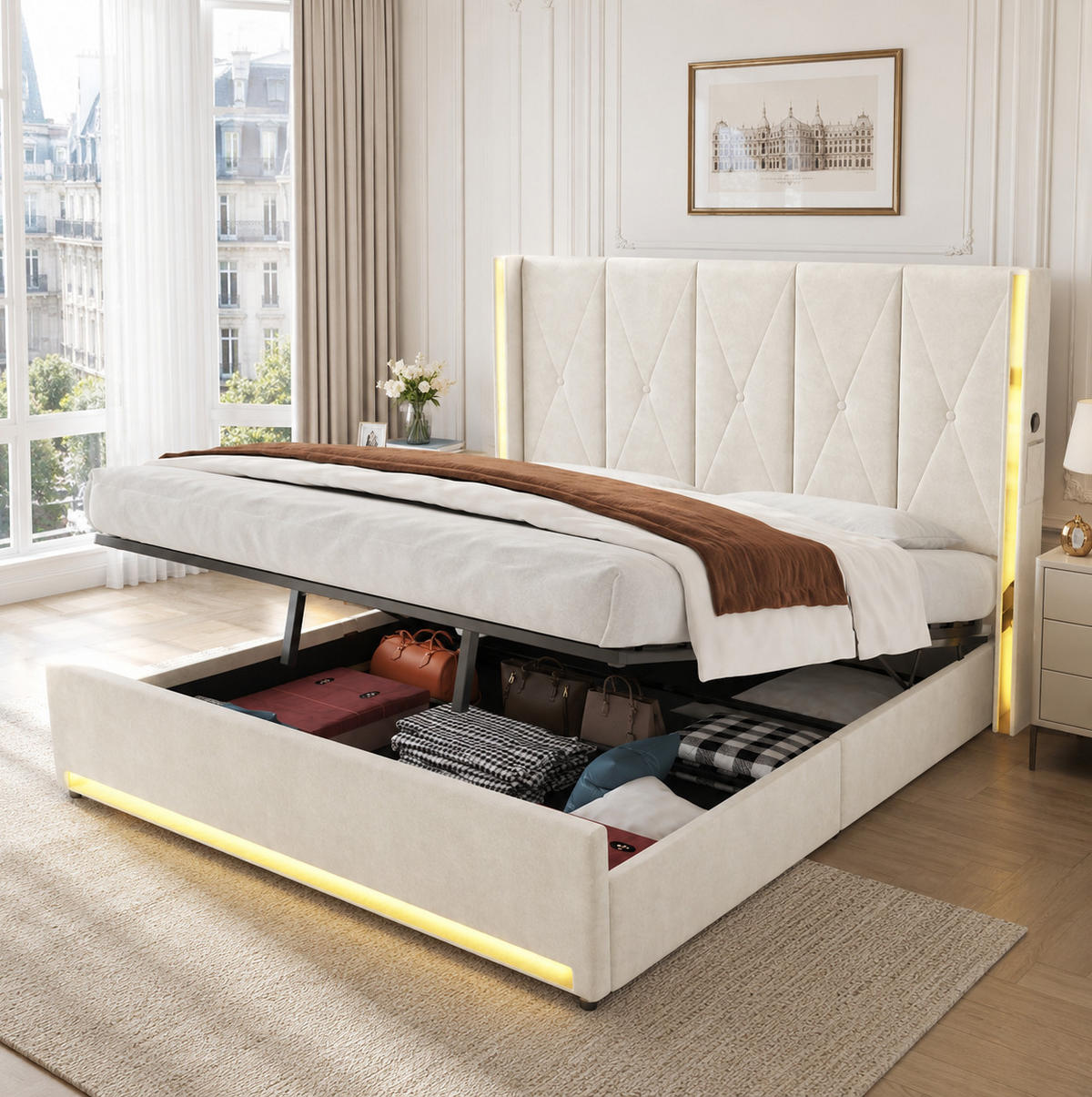 POLSTERBETT 180/200 cm mit LED, USB/Type-C, Seitentaschen und hydraulischem Bettkasten, Beige - Beige, Textil (180/200cm) - Redom