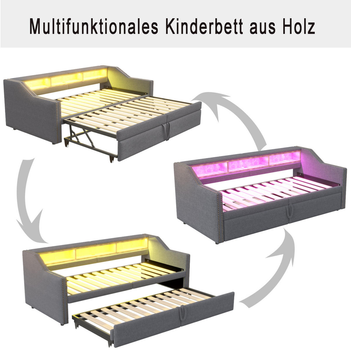 POLSTERBETT 90/200 cm ausziehbar mit LED, USB, Ablagefächern und 2 Federkernmatratzen, Dunkelgrau - Dunkelgrau, Holzwerkstoff (90/200cm) - Redom