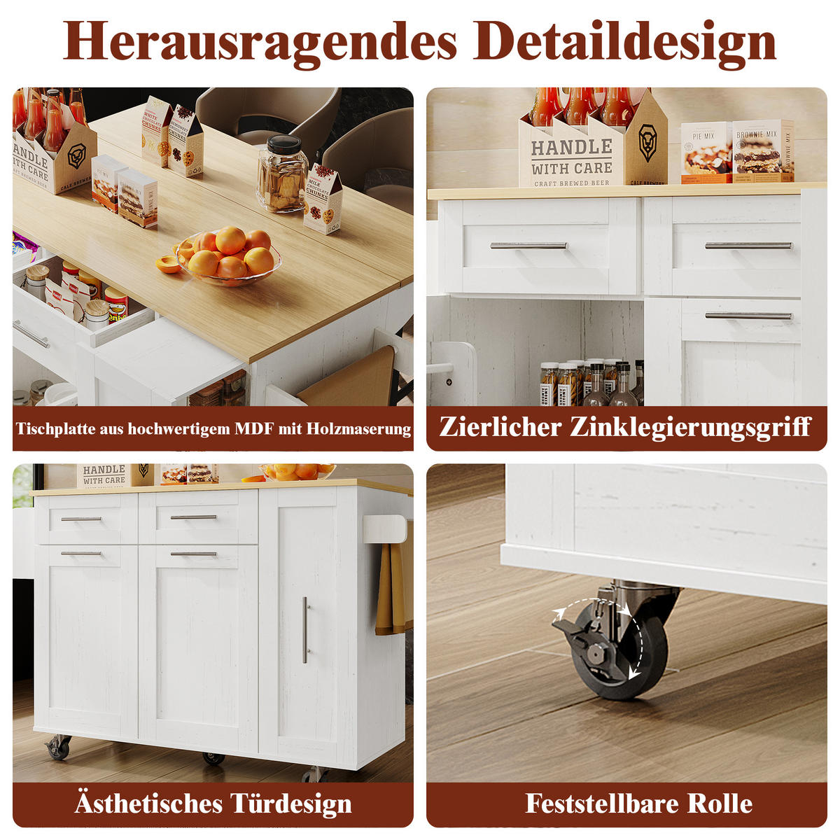 KÜCHENWAGEN 110x74x90.5cm Weiß aus MDF/Metall mit Klappplatte & Schränken - Weiß, Holzwerkstoff (110/90.5/74cm) - Modfu