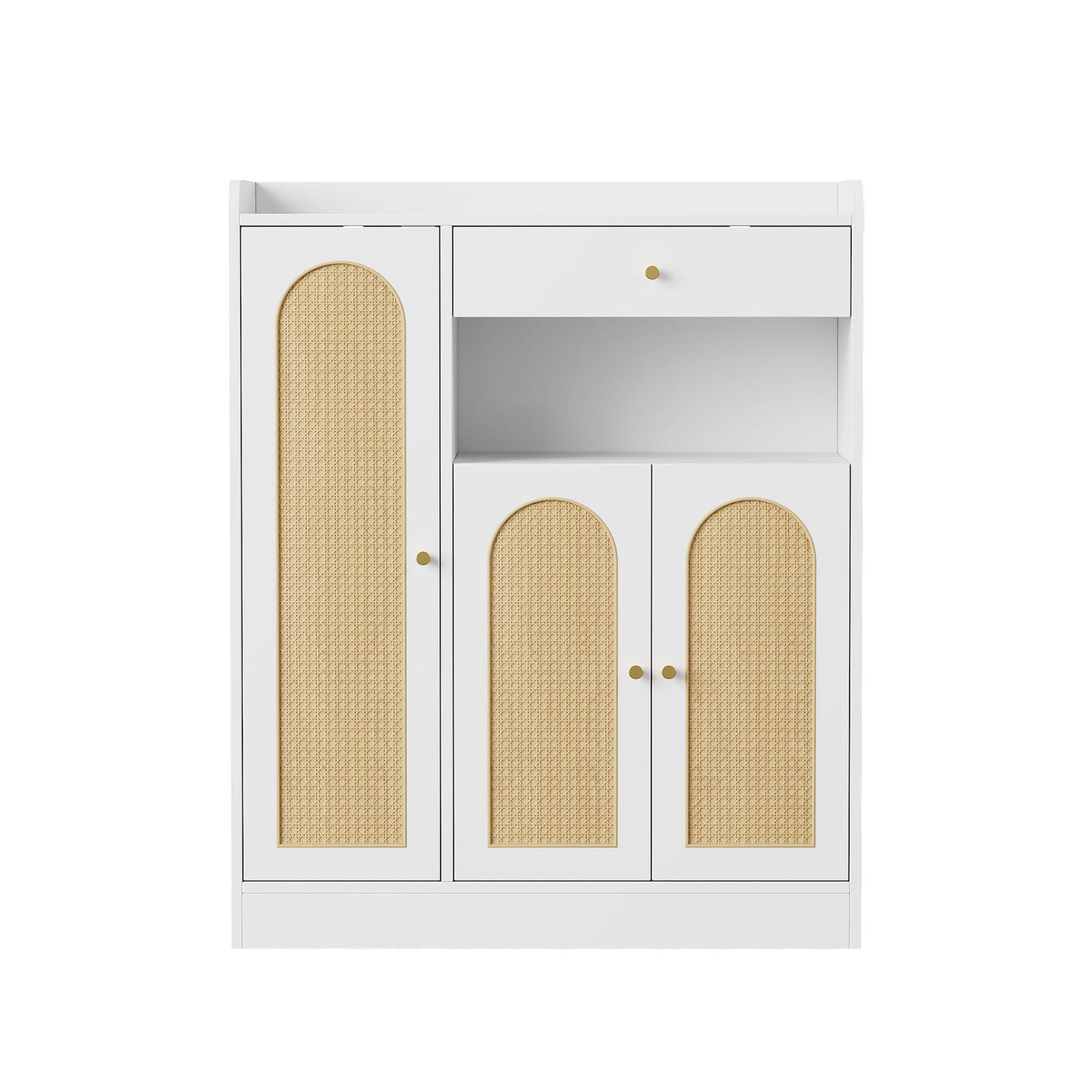 SCHUHSCHRANK Rattanoptik Weiß 90 cm mit 3 Türen und Schublade, Aufbewahrungsschrank - Naturfarben, Holz (90/110/35cm) - PARAFTA HOME