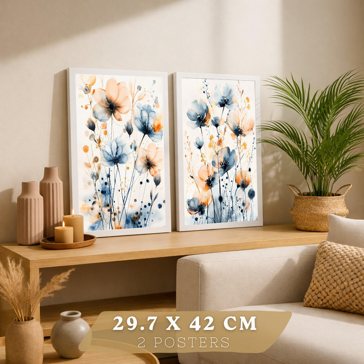 PLAKAT Sada 2 Modro-oranžový květ A4 Bílý rám - bílá, papír (29.7/1/21cm) - Nacnic