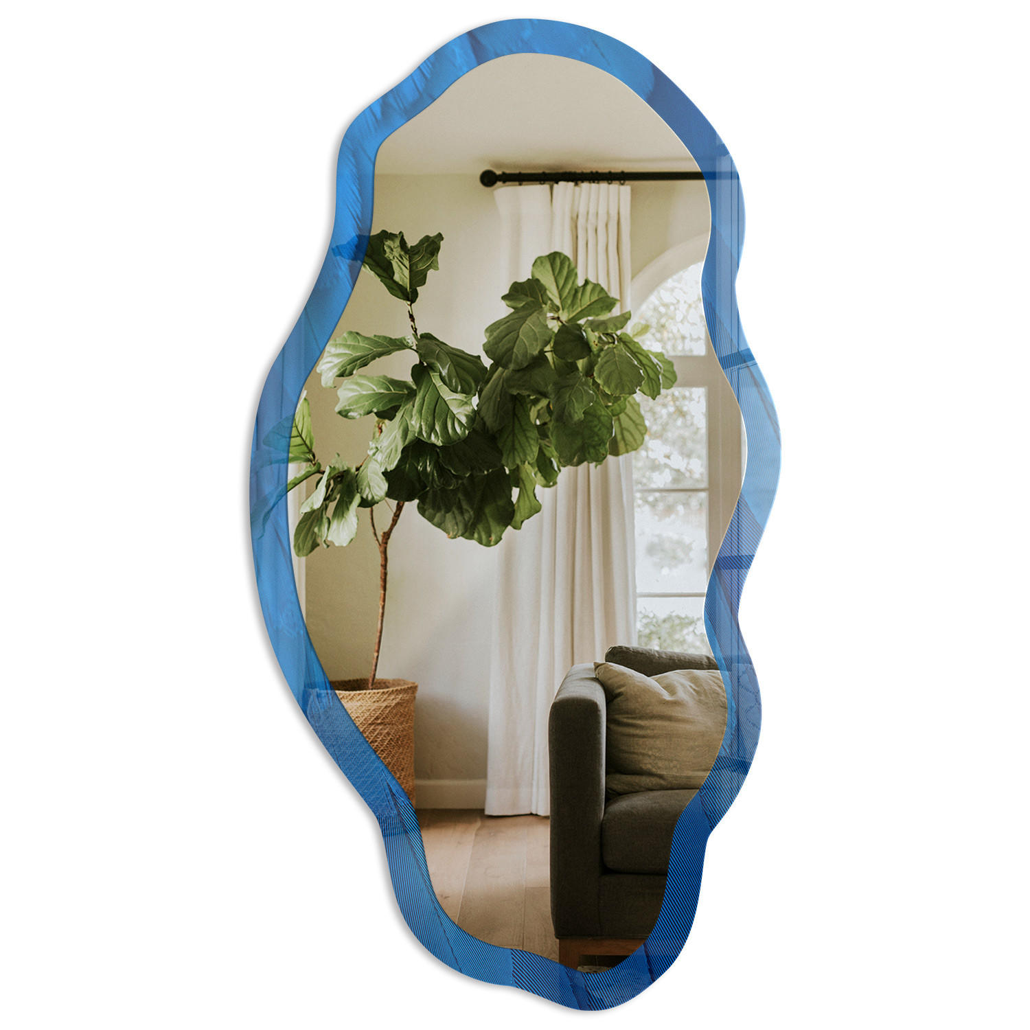 SPIEGEL 90x45 cm asymmetrisch mit Druck - Blaue Federn - Transparent, Glas (45/90/0.4cm) - TULUP