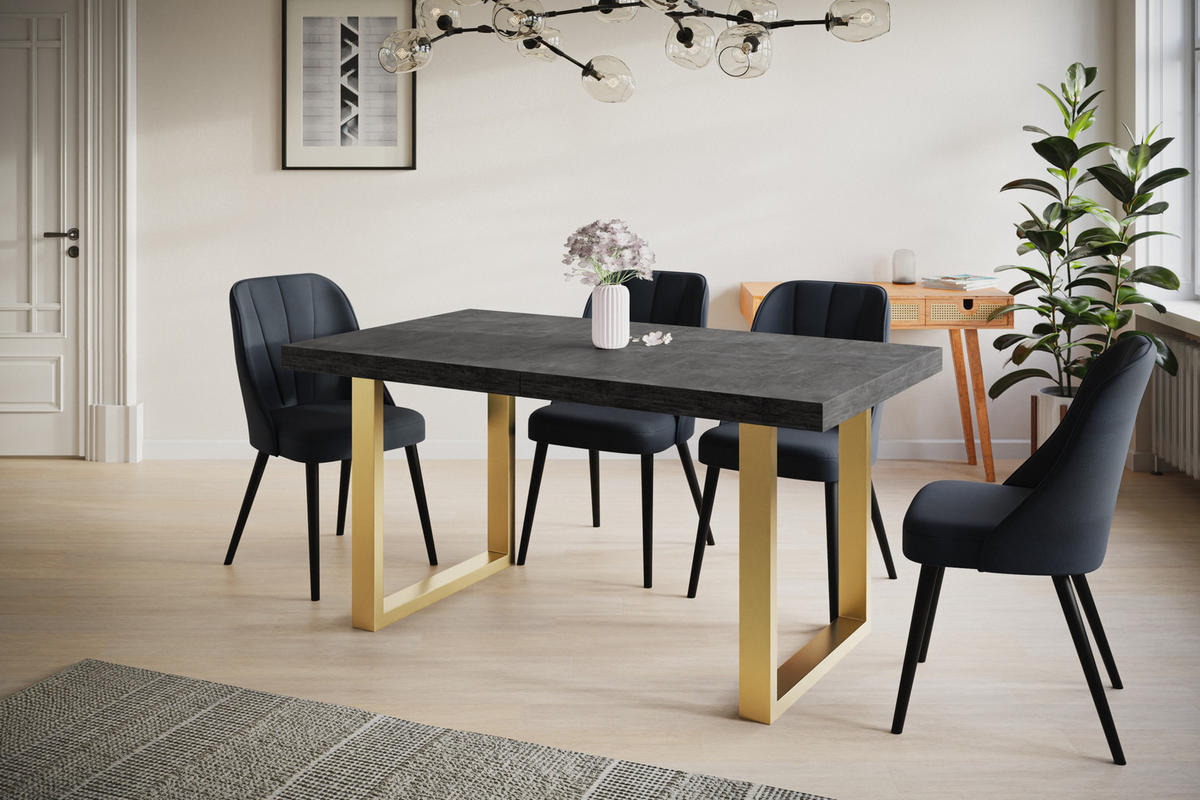 ESSZIMMERTISCH LOFT-U, ausziehbarer Tisch 120-220X80X77 cm, Farbe: Dunkelgrau, mit Metallbeinen in Farbe Gold - Dunkelgrau/Goldfarben, Holzwerkstoff (120/80/77cm) - Alpi-Möbel