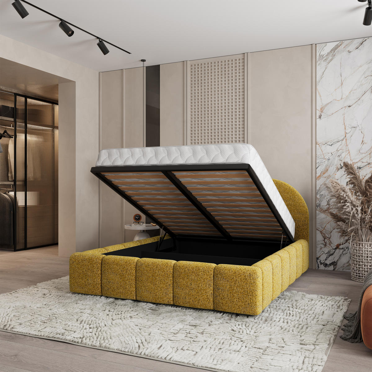 POLSTERBETT FLUSSO 140x200 cm mit Bettkästen - Gelb - Gelb, Holz (140/200cm) - MASSENO