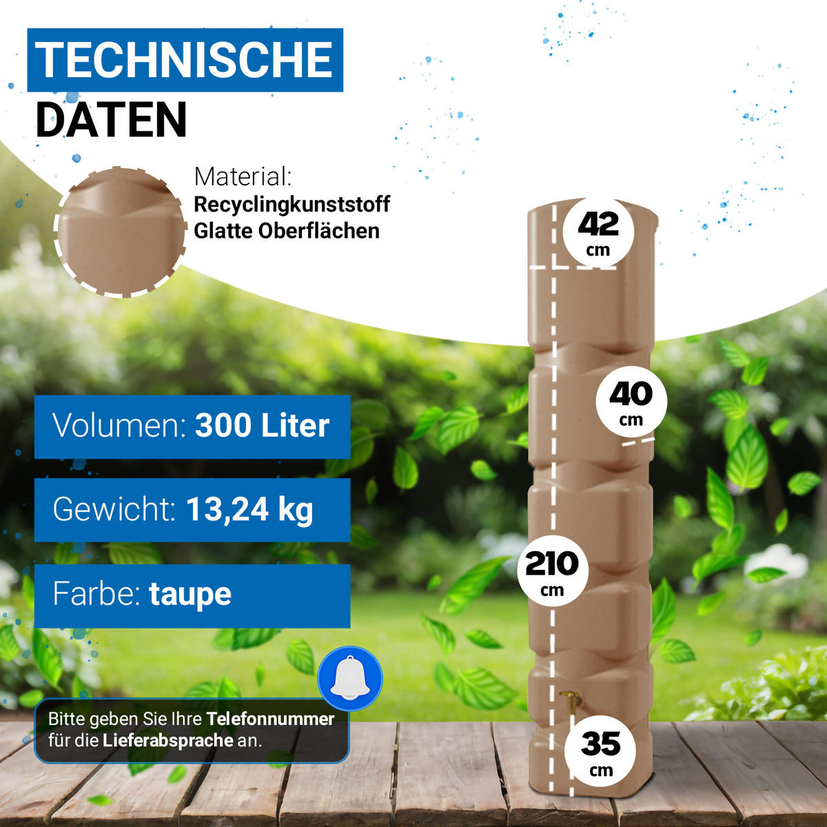 WANDTANK Komplett-Set 300 L, taupe inkl. Kunststoff-Auslaufhahn und Fallrohranschluss - Beige, Kunststoff (42/210/40cm) - 4rain
