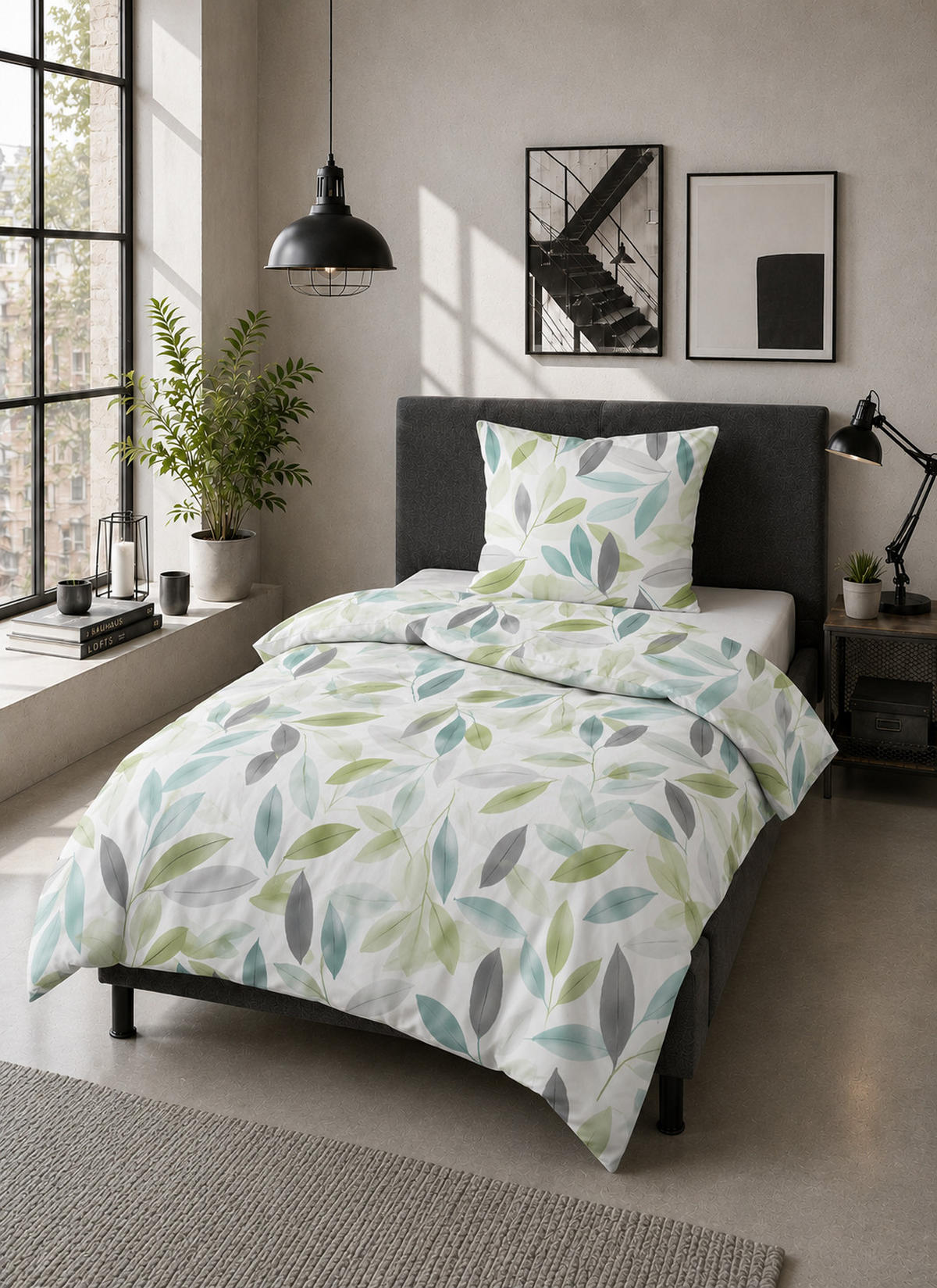 BETTWÄSCHE-GARNITUR Mikrofaser Blätter apfelgrün, 155x220 cm + 80x80 cm - Hellgrün, Textil (155/220cm) - Castell