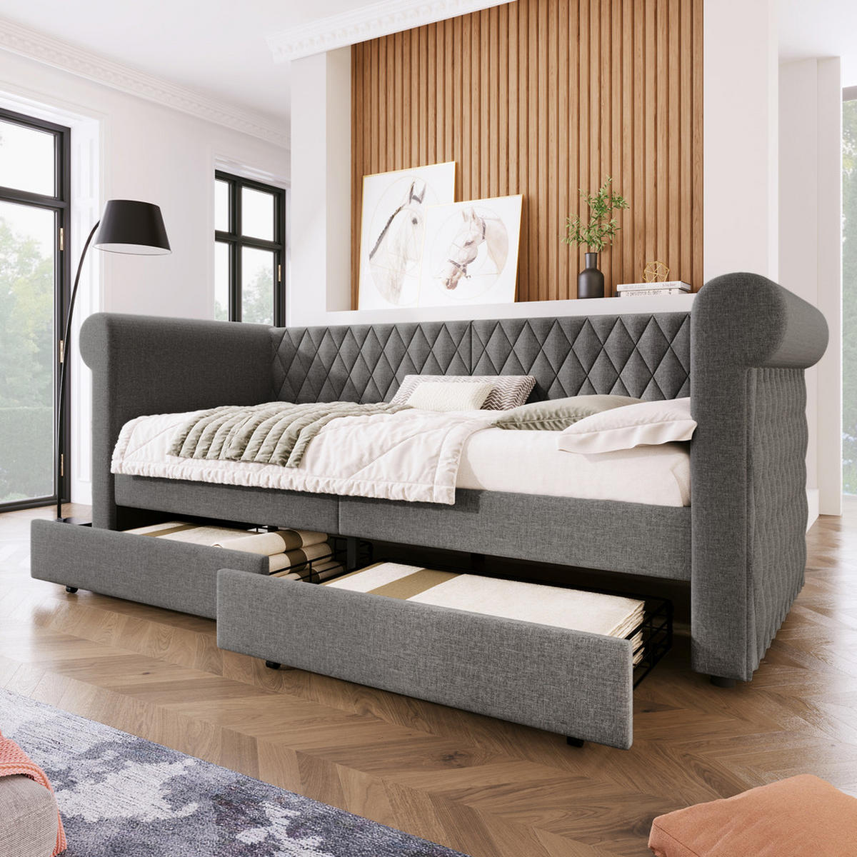 TAGESBETT 90x200cm Vintage Schlafsofa 2 Schubladen Grau Leinen - Grau, Holz (90/200cm) - FLIEKS