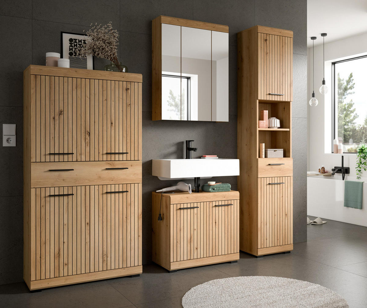 BADMÖBEL-SET Eiche Artisan 4-teilig 200 x 191 cm, Badkombination in modernem Design - Schwarz/Eiche Artisan, Glas/Holzwerkstoff (201/191/34cm) - Inn.Furn