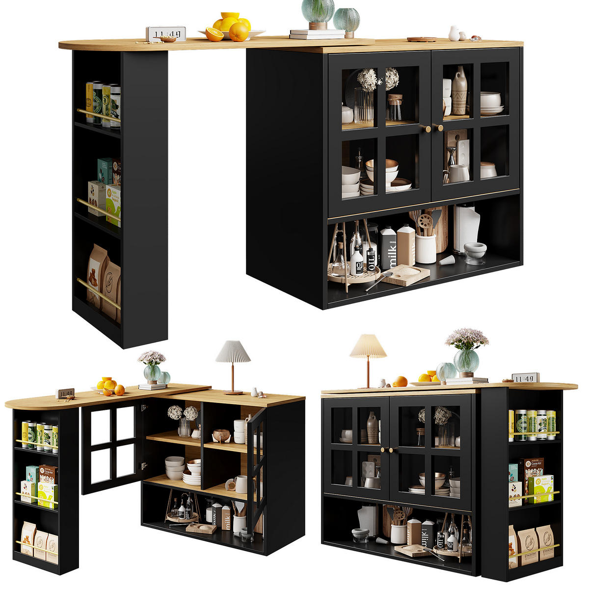 BARTISCH DE-41256 138-204/39/102,5 cm mit 360°-Drehfunktion und Snackregal Schwarz - Schwarz, Holzwerkstoff (138/102.5/39cm) - ComfortXL