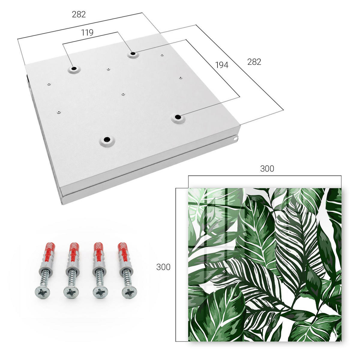 SCHLÜSSELBOX Weiß 30x30 cm – Türöffnung nach rechts - Pflanzenmuster - Grün, Metall (30/30/5cm) - TULUP