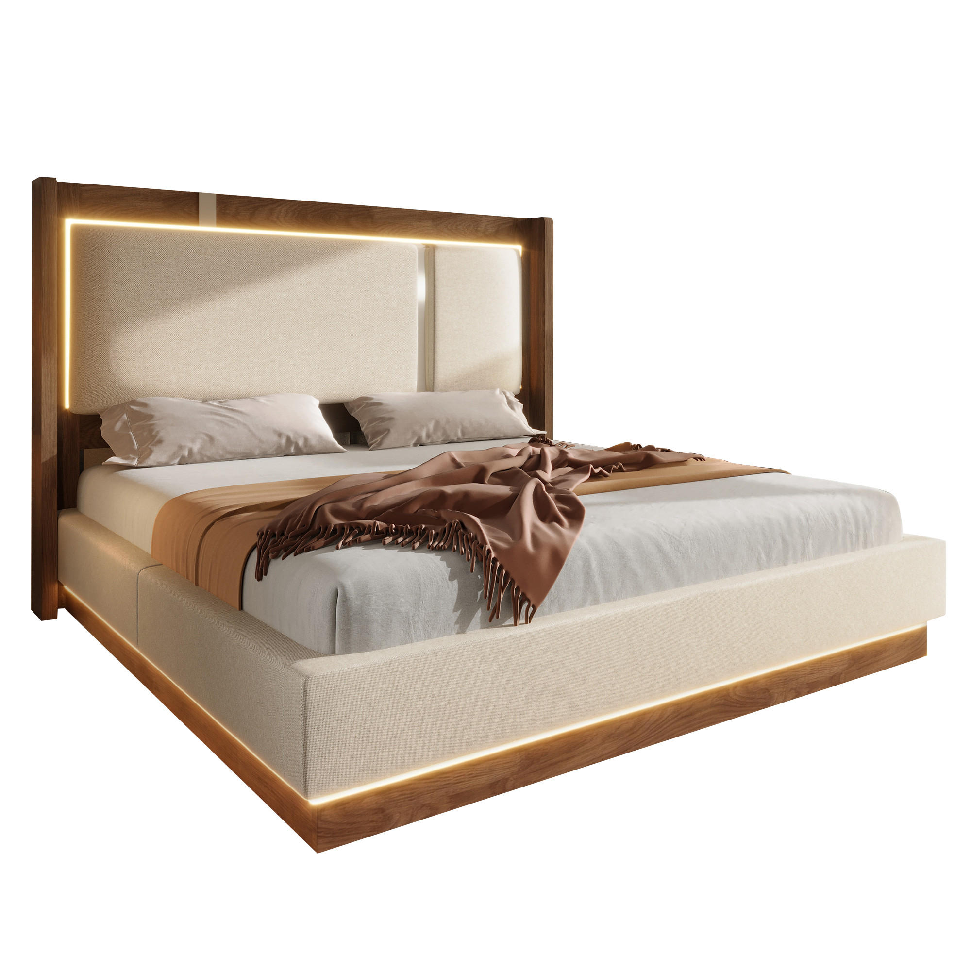 BOXBETT mit Bettkasten & LED, Leinenstoff, hochklappbar mit Lattenrost, 140x200cm, Beige - Beige, Holz/Textil (140/200cm) - LVHOM