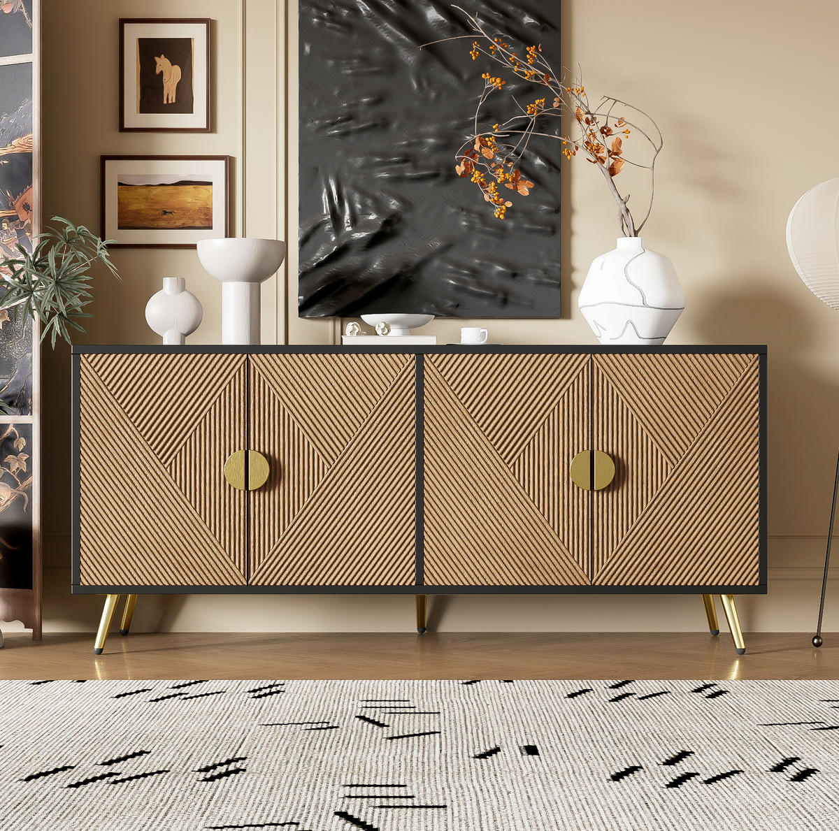 SIDEBOARD 160/40/75 cm in Schwarz und Holzoptik mit 4 Türen und Soft-Close - Schwarz, Holzwerkstoff (160/75/40cm) - Flora Grace