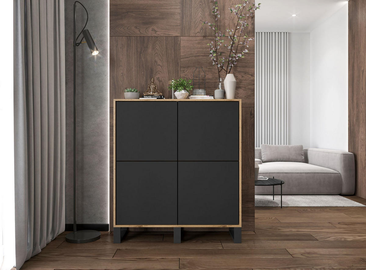 KOMMODE Apollo 4D Eiche wotan Schwarz Matt mit metallbeinen 113 cm - Schwarz, Holzwerkstoff/Metall (113/127/35cm) - Meble Lindner