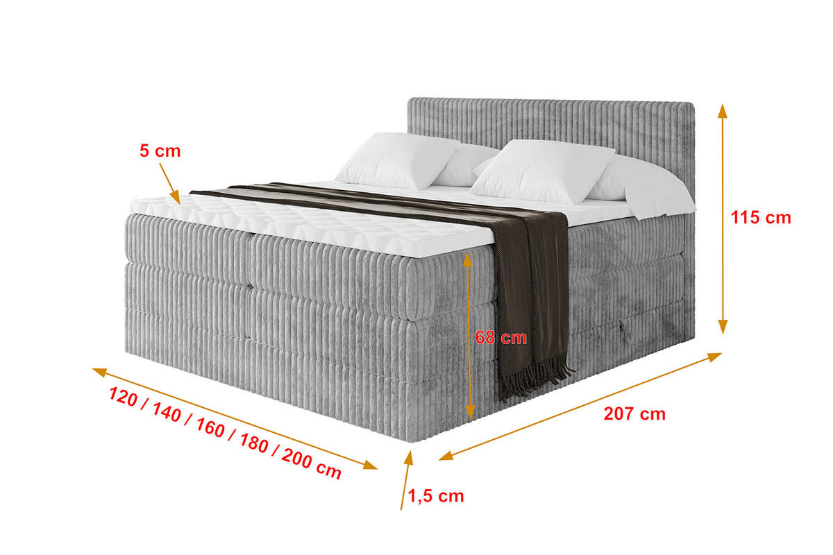 BOXSPRINGBETT mit Matratze H3|H4 und Lattenrost - TOLO KING 180x200 Cord - Hellgrau - Hellgrau, Holzwerkstoff (180/200cm) - ALTDECOR