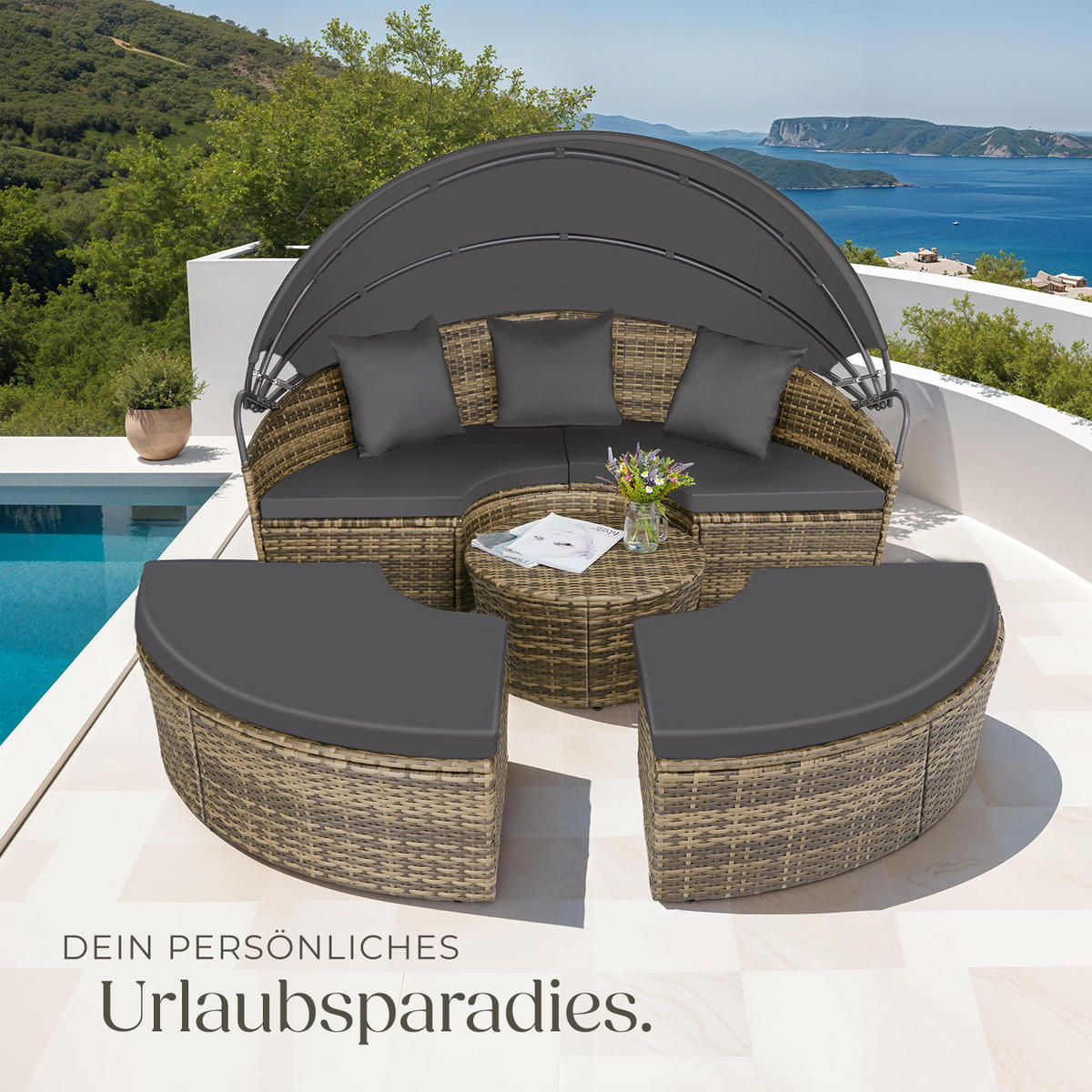 RATTAN SONNENINSEL Santorin,variabel aufstellbar,natur - Naturfarben, Kunststoff (171/136/175cm) - tectake