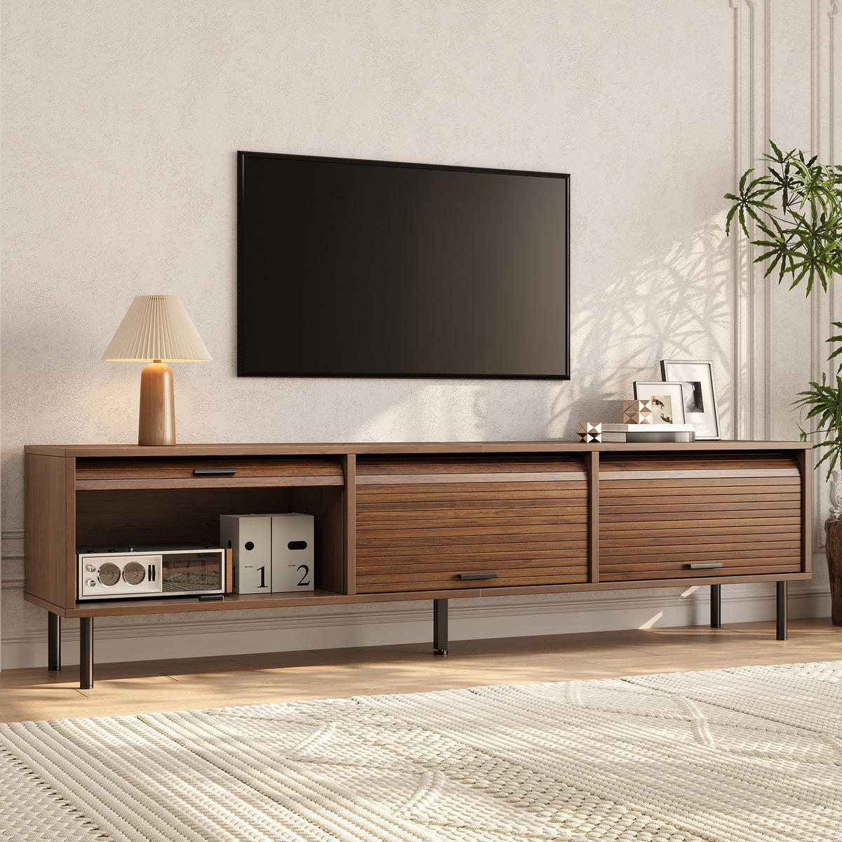 TV-LOWBOARD 180 x 40 x 55 cm aus MDF, 3 Schiebetüren, schwarze Metallfüße, Walnuss - Walnussfarben, Holzwerkstoff (180/55/40cm)