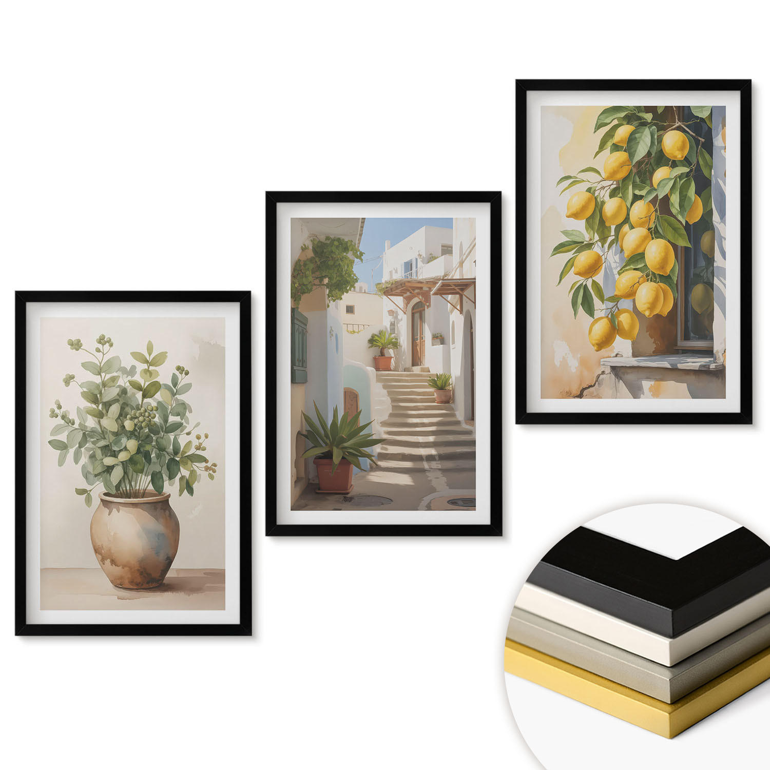WANDBILDER 3er-Set - 40x60 cm Schwarzer Rahmen - Zitronenblumen im Topf, Straßen - Schwarz, Kunststoff (40/60cm) - ArtPrintCave