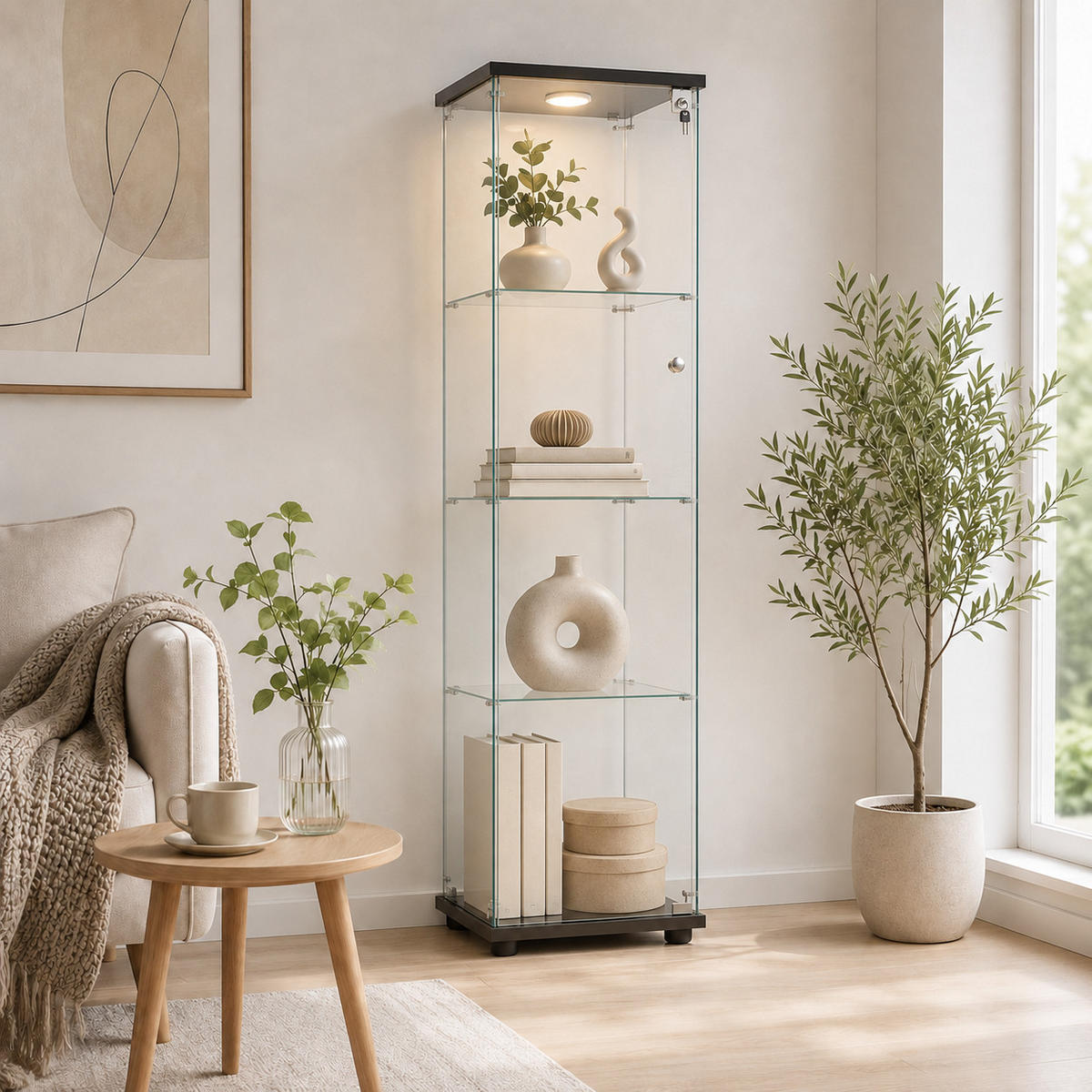 VITRINE,TRANSPARENT, 4-stufig, mit LED-Beleuchtung, schwarzer Rahmen, abschließbare Tür - Schwarz, Glas (42.5/164/36.5cm) - Joyfair