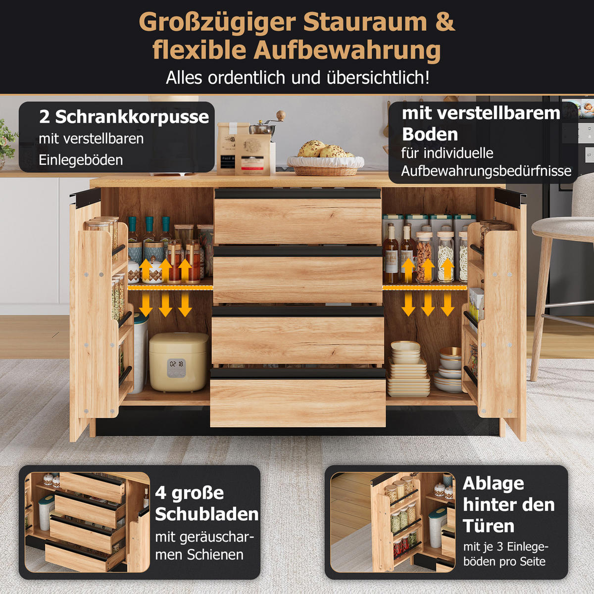 KÜCHENINSEL 140/50/90 cm Natürlich mit 4 Schubladen, ausklappbarer Arbeitsplatte und 2 Schränken - Silberfarben/Weiß, Holz/Holzwerkstoff (80/90/140cm) - Oxeza
