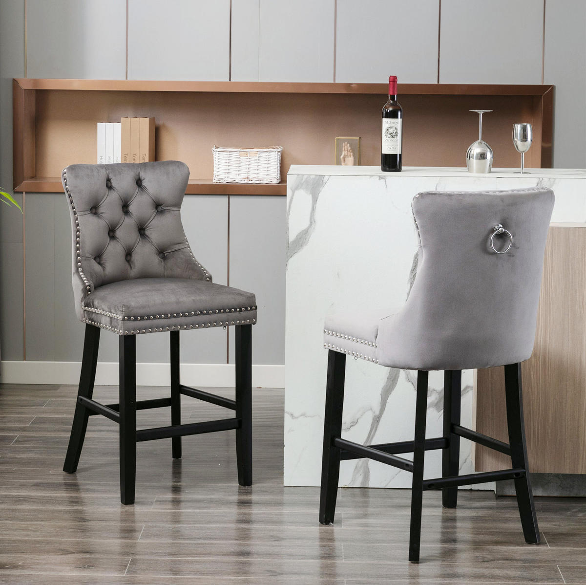 BARSTUHL 2er-Set mit hoher Rückenlehne Samt Grey - Grau, Metall (50/66/60cm) - Meubliv