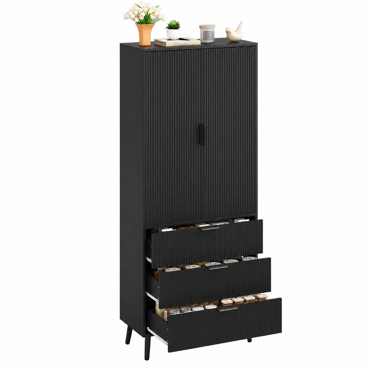 HIGHBOARD DE-38756 75/35/180 cm 2 Türen und 3 Schubladen Schwarz - Schwarz, Holzwerkstoff (75/180/35cm) - ComfortXL