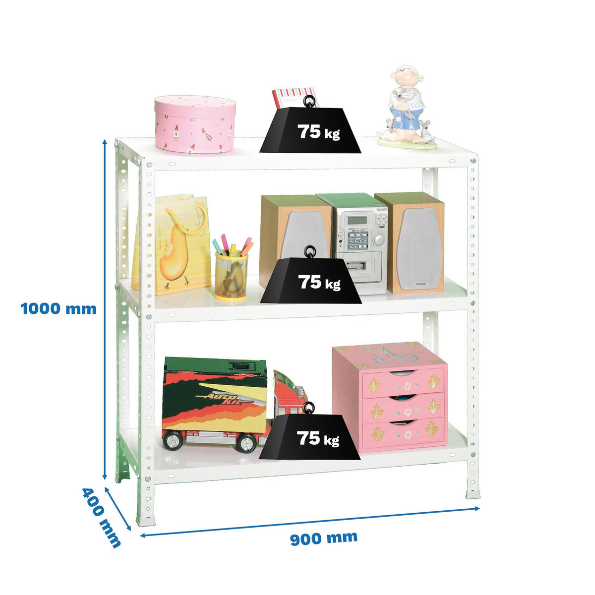 SCHRAUBREGAL PANDA SMALL | HxBxT 100x90x40cm | 3 Fachböden | Fachlast 75kg | Weiß - Weiß, Metall (90/100/40cm) - PROREGAL