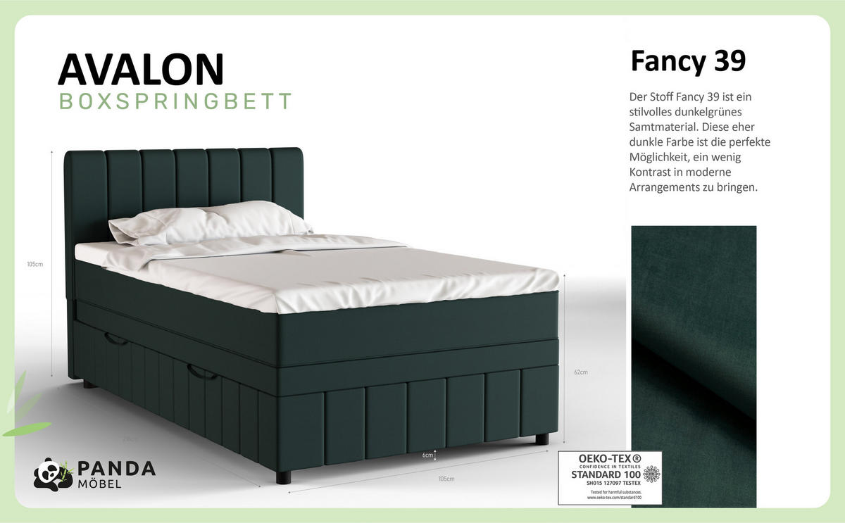 BOXBETT AVALON 120 x 200 cm mit Bettkasten und Topper - Dunkelgrün - Dunkelgrün, Holz - Panda Möbel