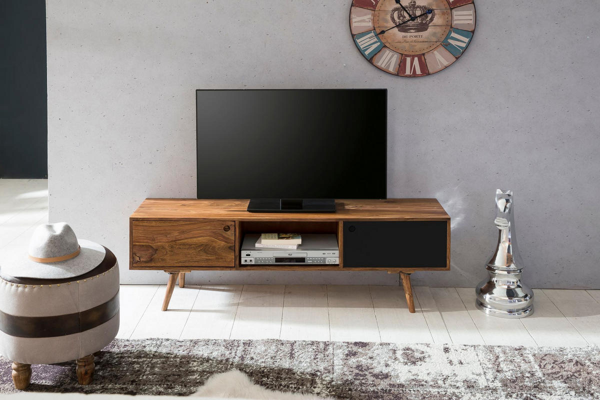 TV-LOWBOARD Massivholz, rustikaler Landhausstil, einzigartige Maserung, Schwarz 140x35x45 cm - Dunkelbraun/Schwarz, Holz (140/45/35cm) - KADIMA DESIGN