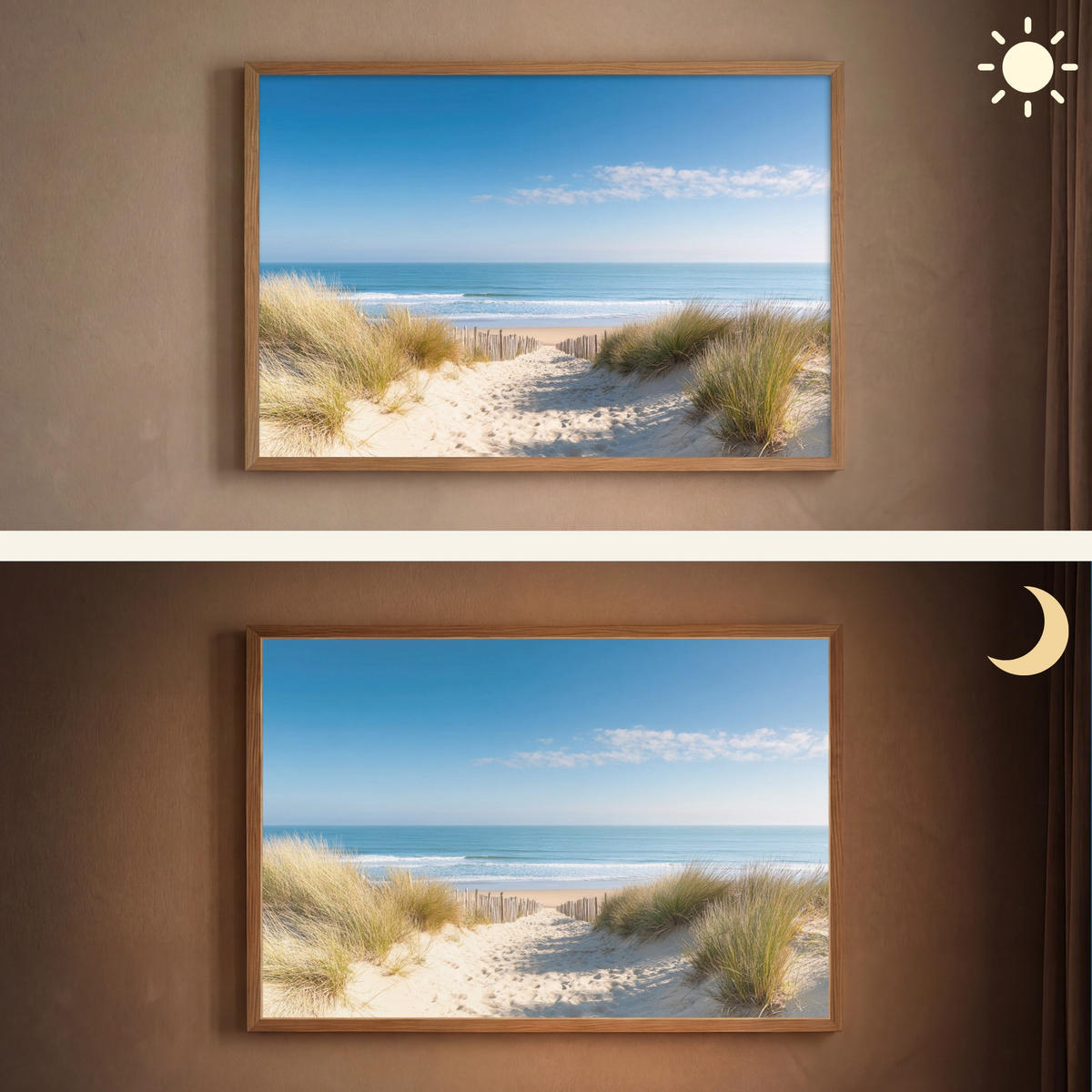 NÁSTĚNNÁ LAMPA S AKUMULÁTOREM Pláž - moře - duny - písek - léto 90x60 cm - písková barva, kompozitní dřevo (90/60/8cm) - OnlyWow
