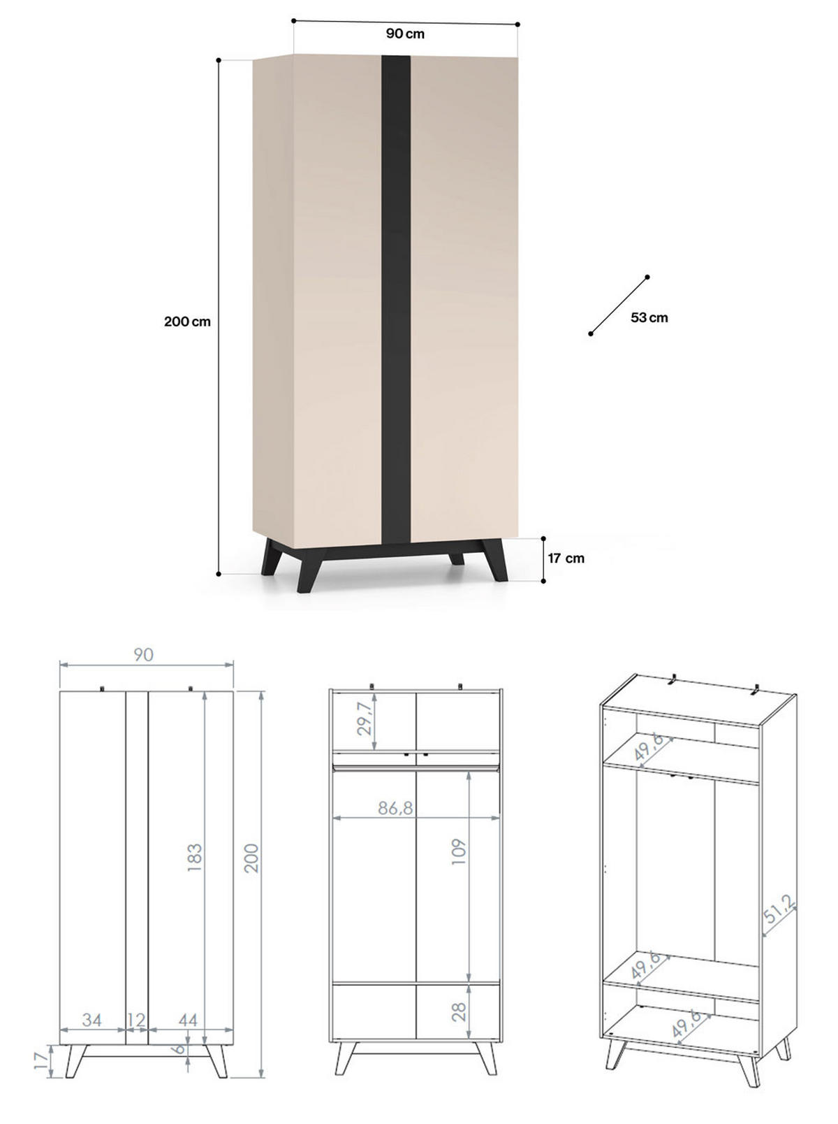 KLEIDERSCHRANK Freshion Kaschmir / Schwarz 90 / 53 / 200cm - Multicolor/Creme, Holz/Holzwerkstoff (90/200/53cm) - Feldmann-Wohnen